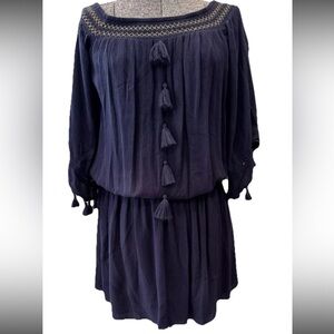 Lilly Pulitzer Joelle off shoulder navy mini dress-ladies size small-tassels-EUC